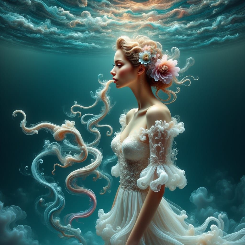Surreal Woman Plunges into Dark Sea with Tentacles