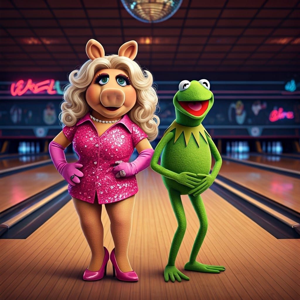 Miss Piggy and Kermit Bowling in Retro-Style Bowling Alley