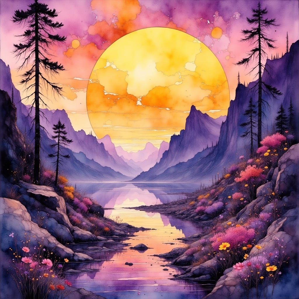 Surreal Gouache Dreamscape in Vibrant Purple and Yellow