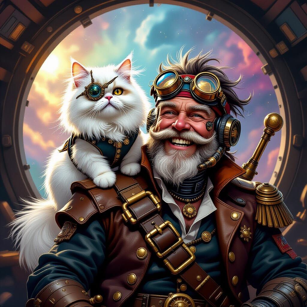 Steampunk Cat on Space Pirate's Shoulder