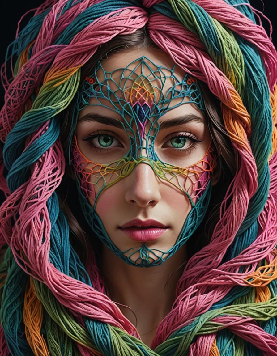 Yarn Woman: 3D Rendered Portrait with Yarn Mask