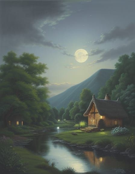 Nocturnal Landscape Painting with Dark Skies and Warm Moonli...