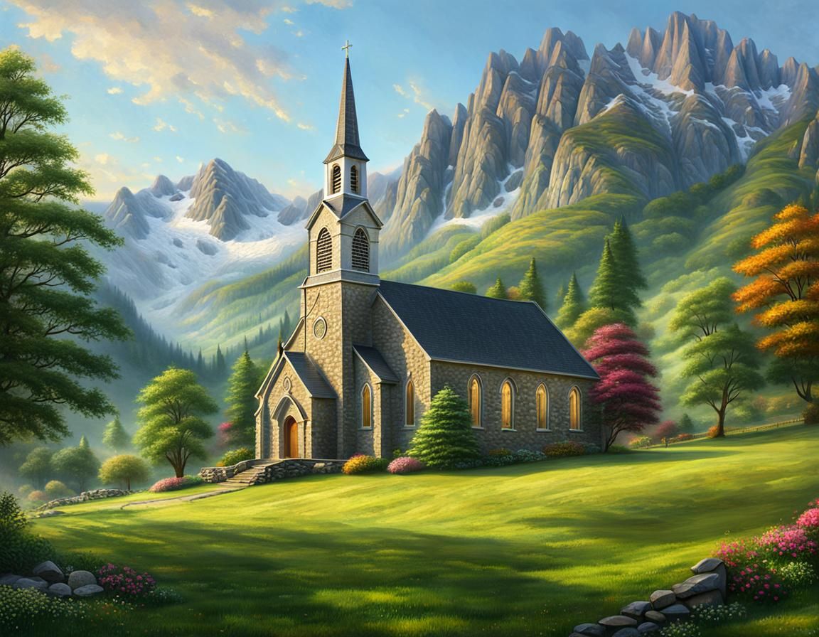 Idyllic Country Church in Valley: Hyperrealistic Oil Paintin...