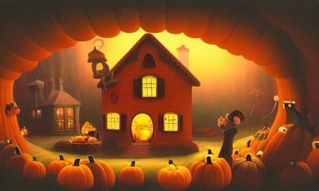 Surreal Pumpkin Man in Pumpkin House, Digital Art