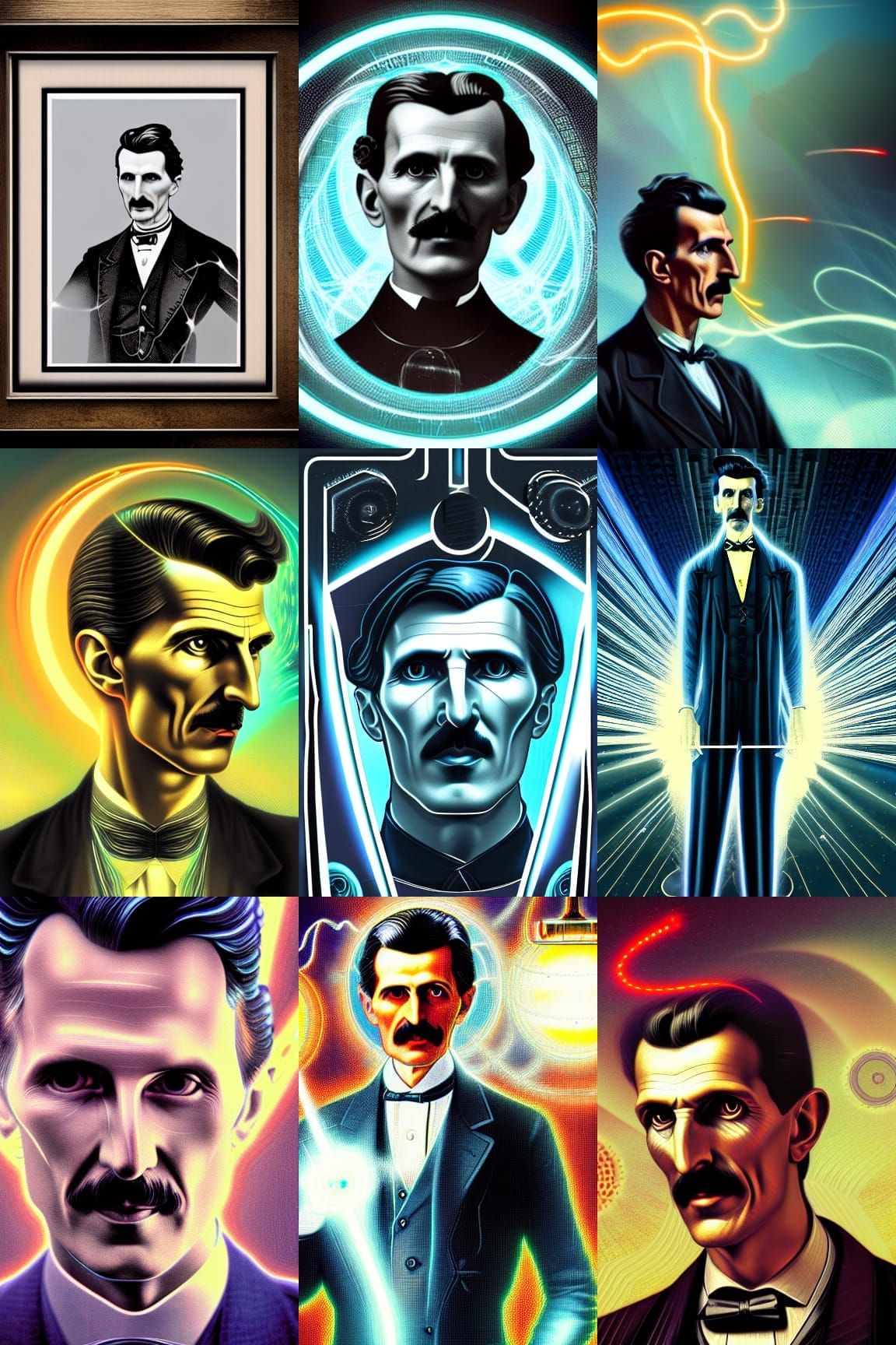 Nikola Tesla Retro-Futuristic Portrait in Electric Disintegr...