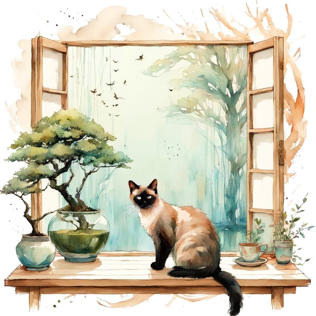 Minimalist Japanese Bookstore with Cat, in Watercolor Style