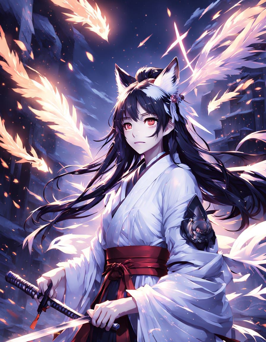Cinematic Anime Illustration of a Wolf-Ears Samurai Girl