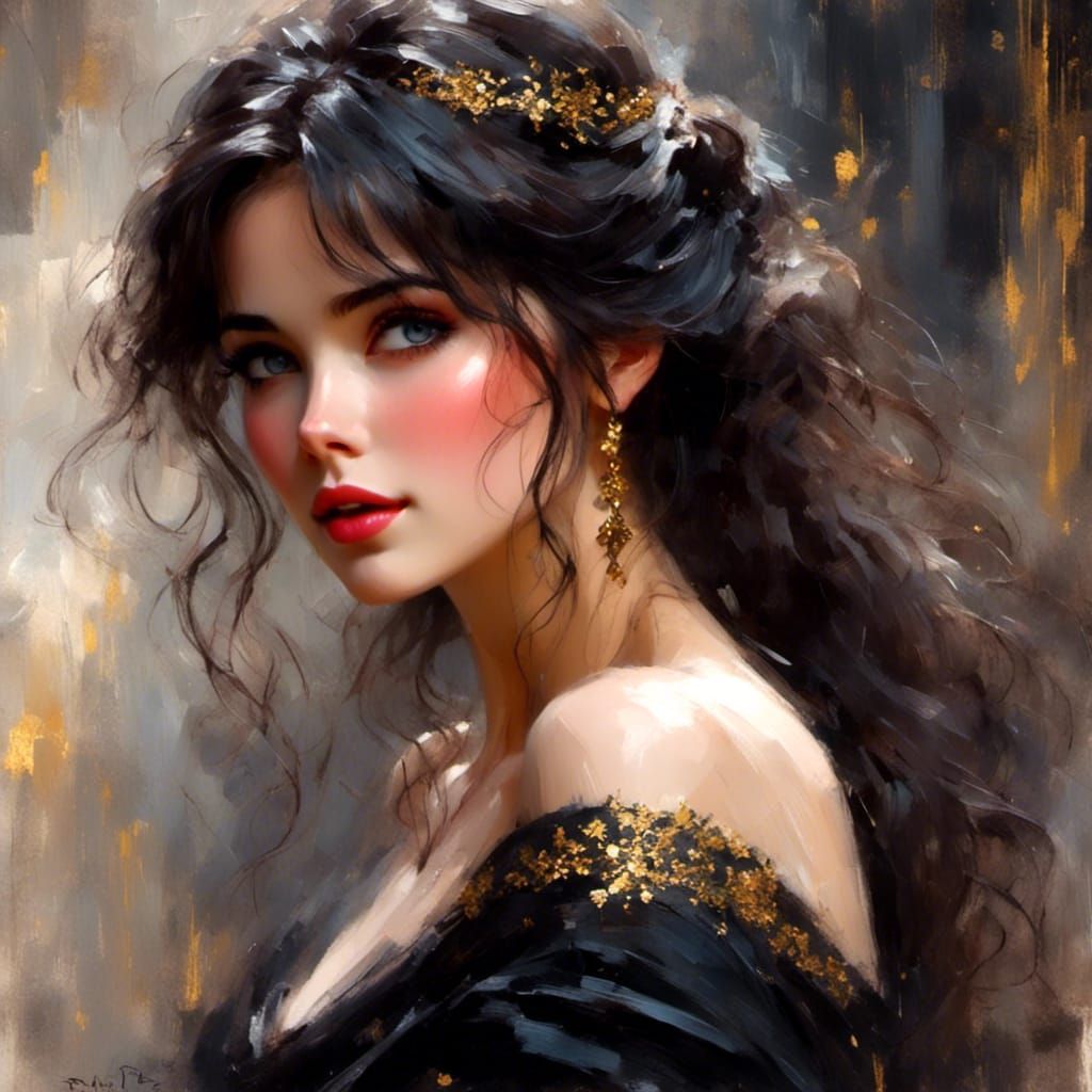 Dark-Eyed Beauty in Art Nouveau Style