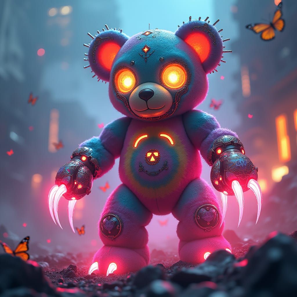 Neon Mecha Teddy Bear Rises on Battlefield in Surreal Style
