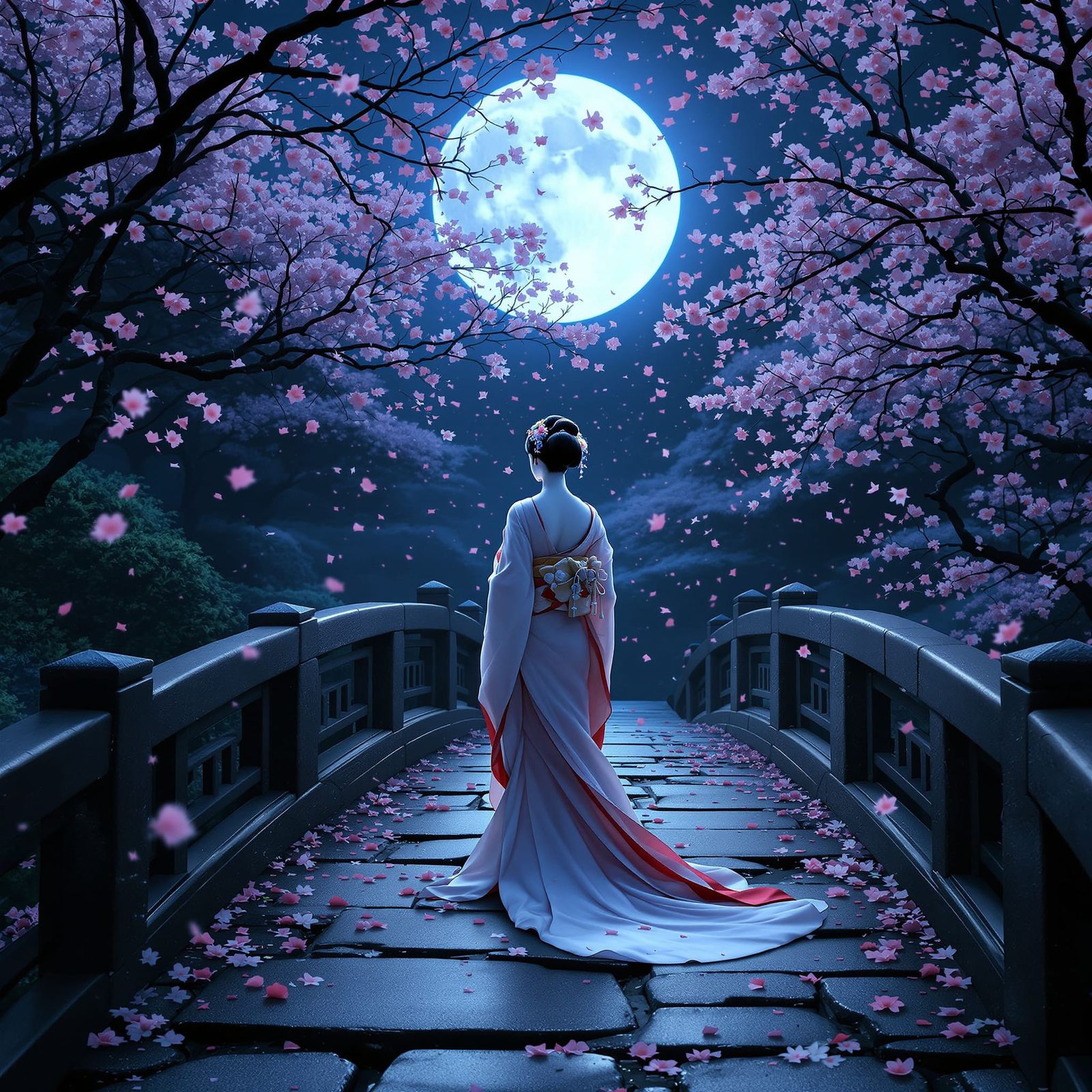 Geisha on Moonlit Bridge in Serene Garden