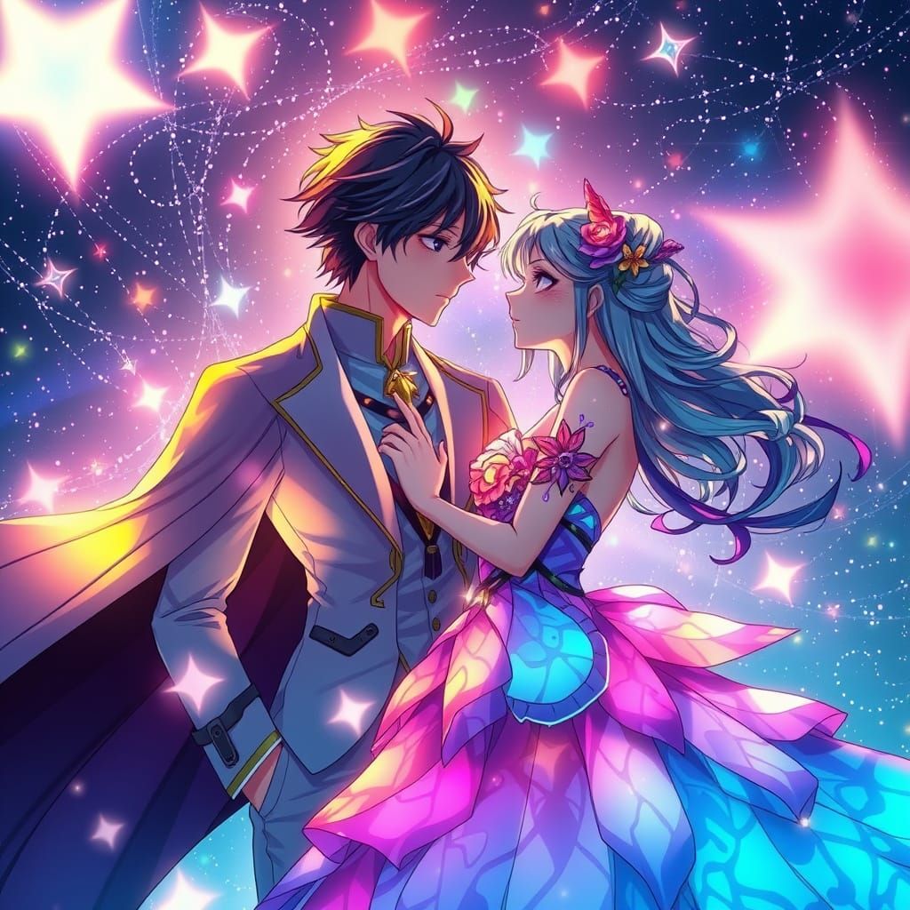 Ethereal Anime Couple in Kaleidoscopic Whimsy