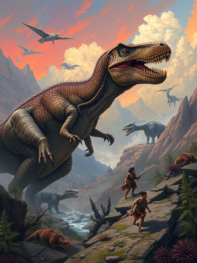 Dinosaurs and Humans Coexist in Vibrant Prehistoric World