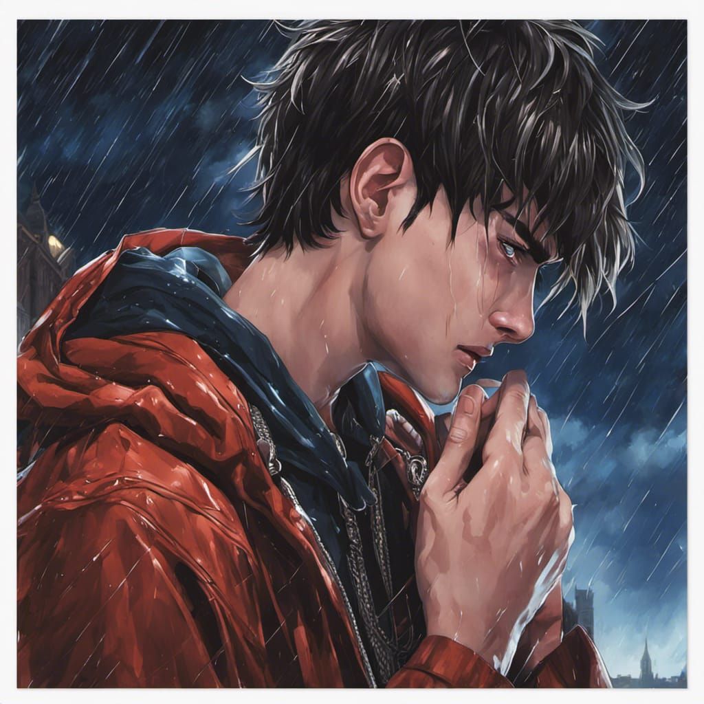 Anime Painting of Two Young Men in Rain