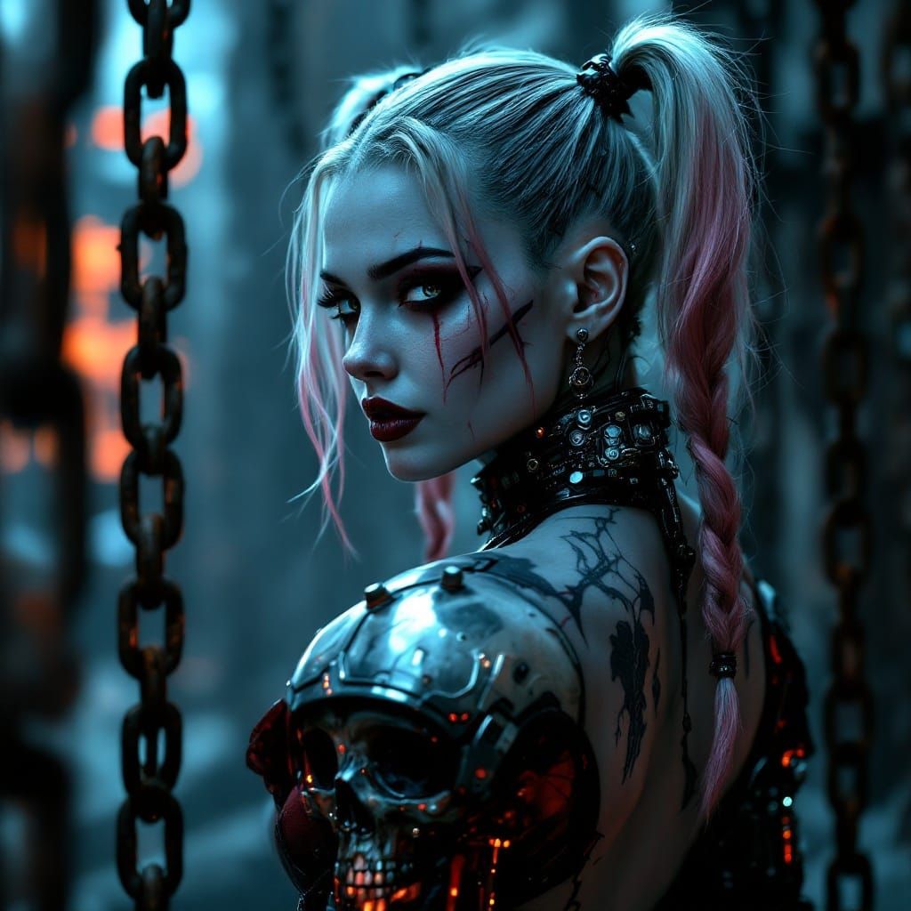 Cyberpunk Goddess Harley Quinn in Dark Gothic Armor
