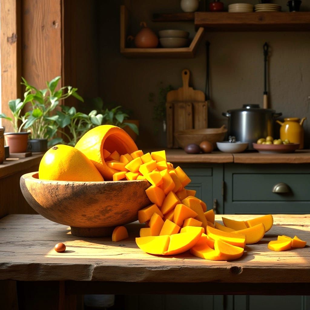 Cubist Mango Still Life in Rustic Kitchen