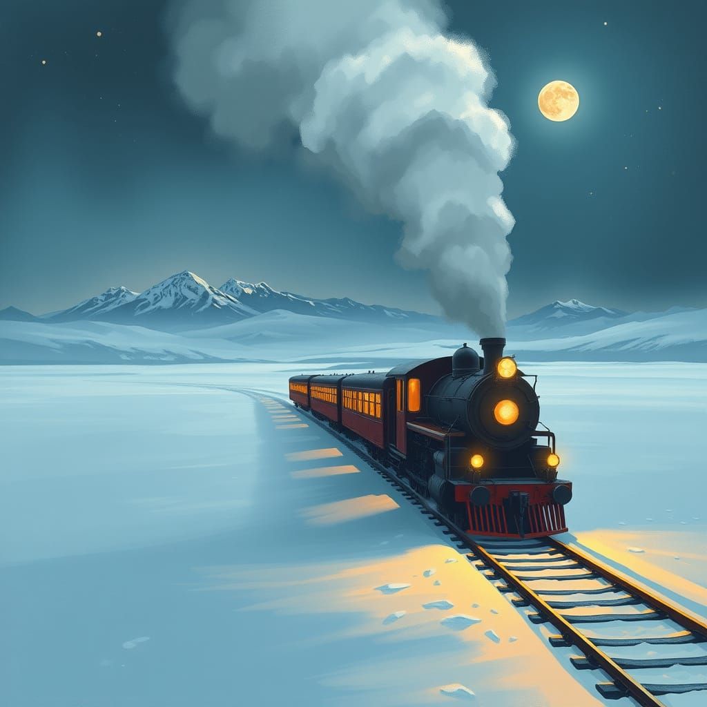 Vintage Steam Train on Snowy Plain Under Starlit Sky