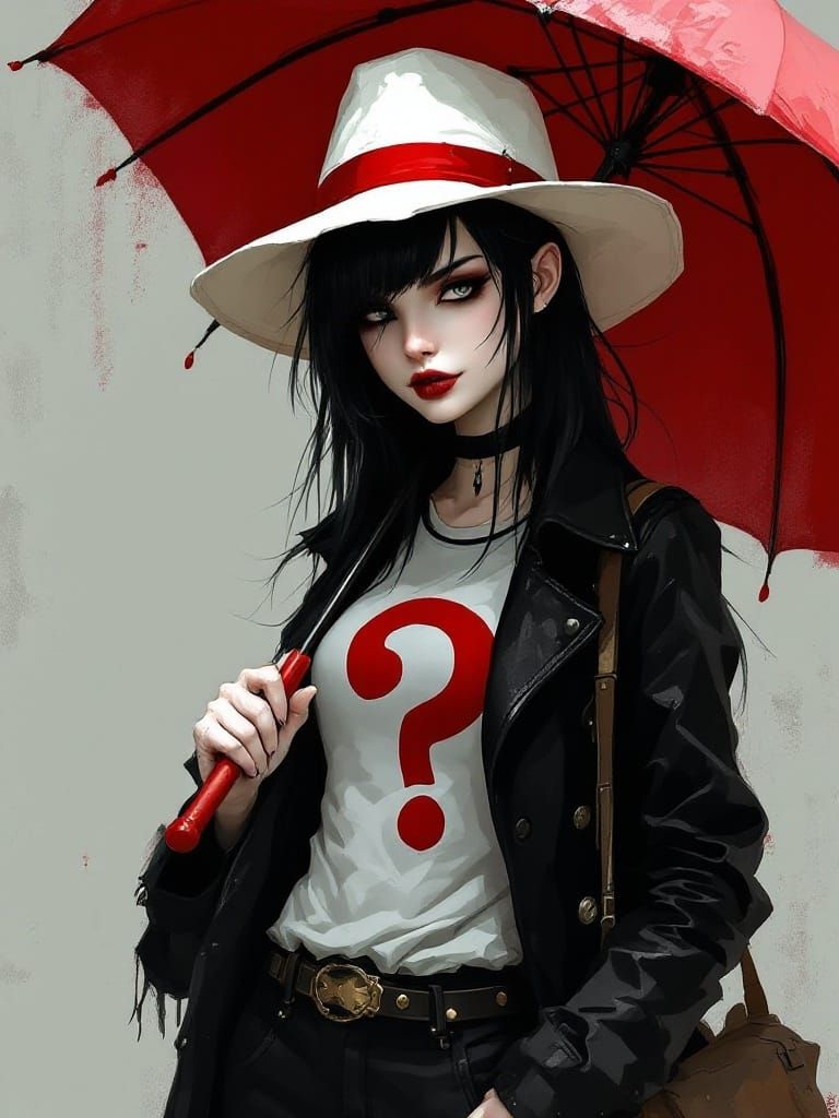 Gothic Woman with Question Mark Umbrella, Gouache Style
