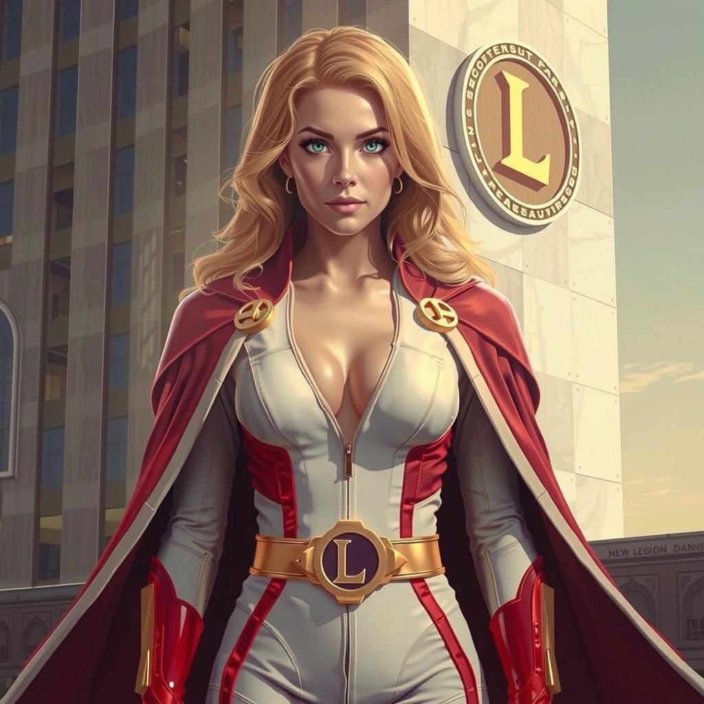 Wilimena Vauxhall, aka Princess Projectra, stands regally, her golden, luminous hair cascading down her back like a rive...