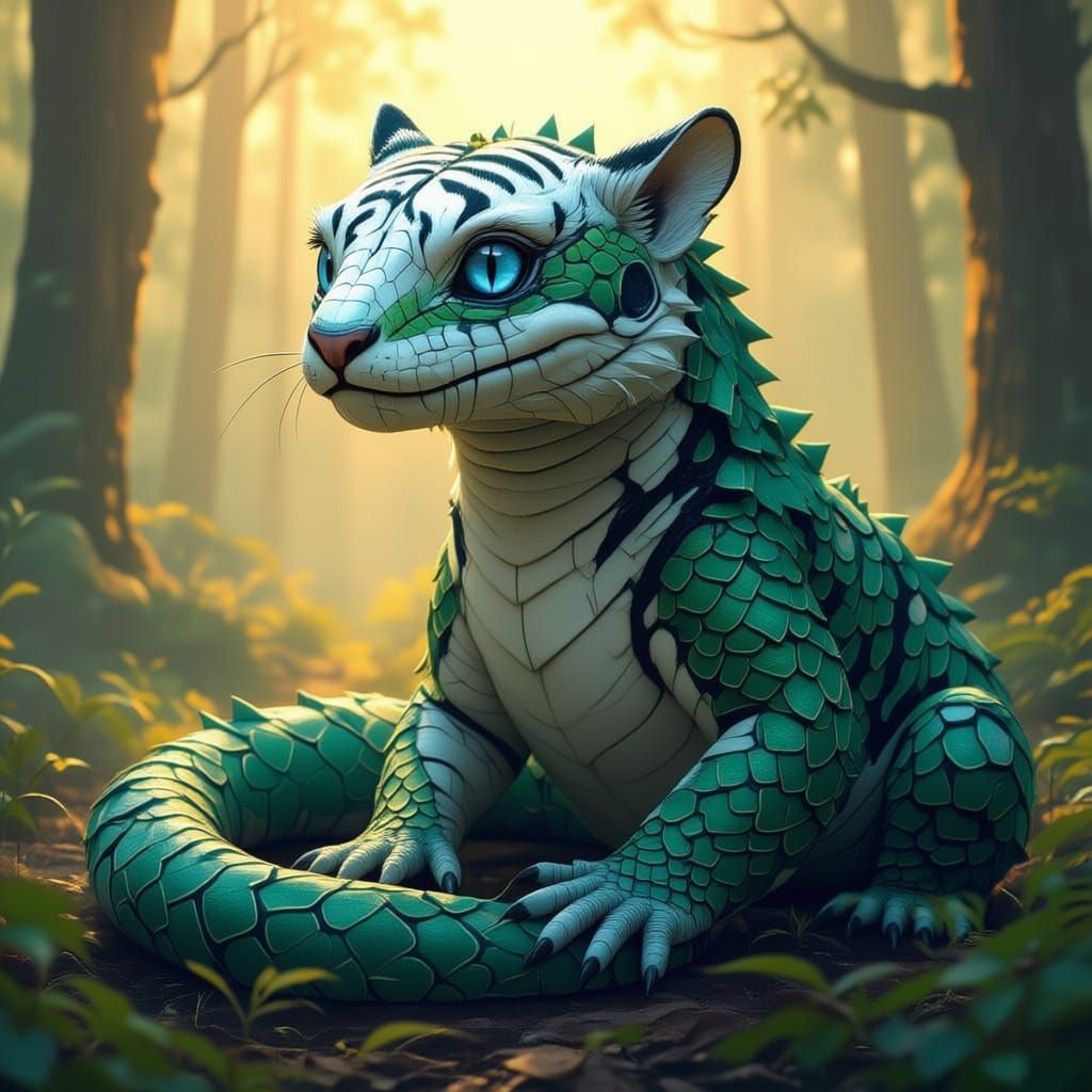 Skink and Snow Tiger Hybrid in Misty Forest