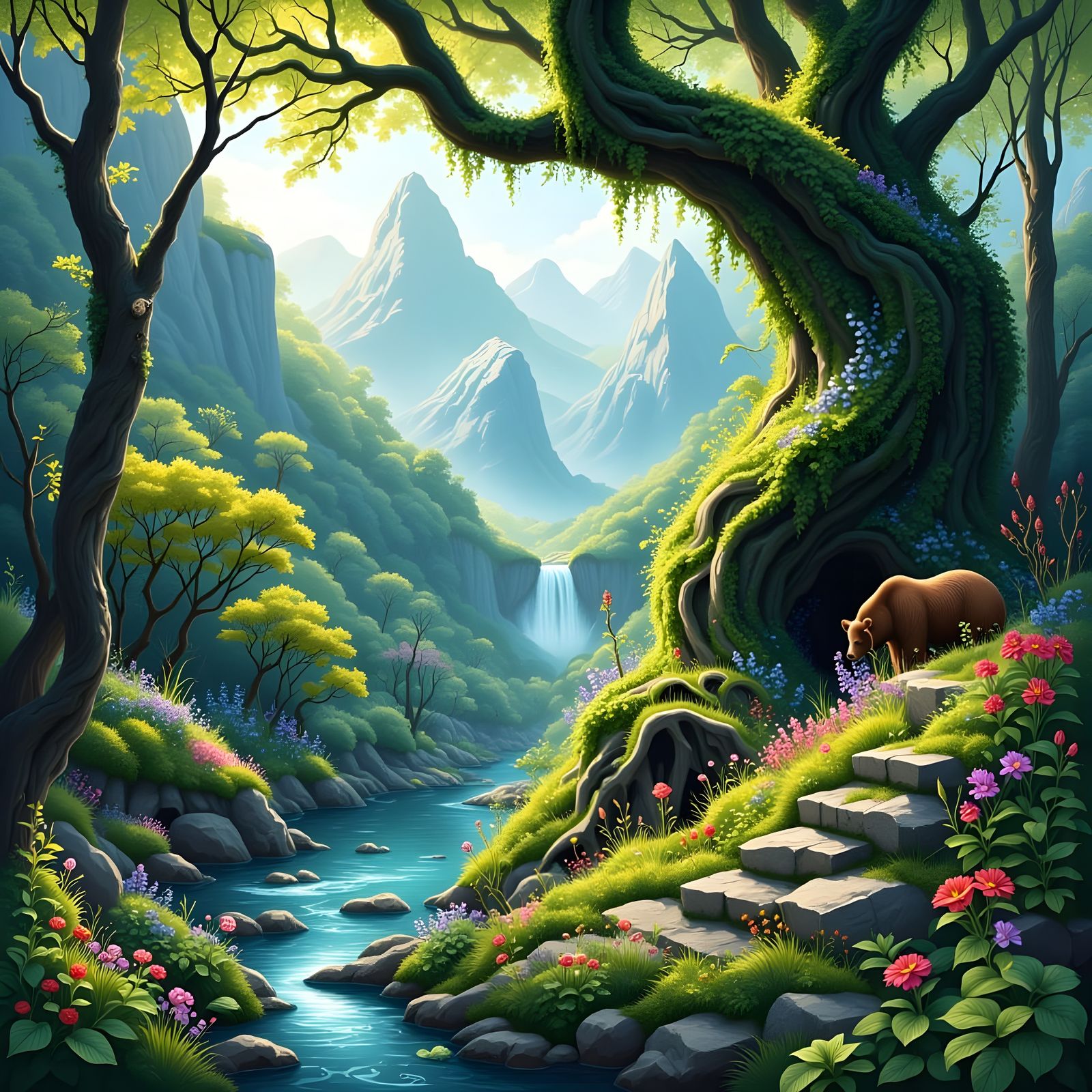Enchanted Lake Bear in Twisted Tree Illustration