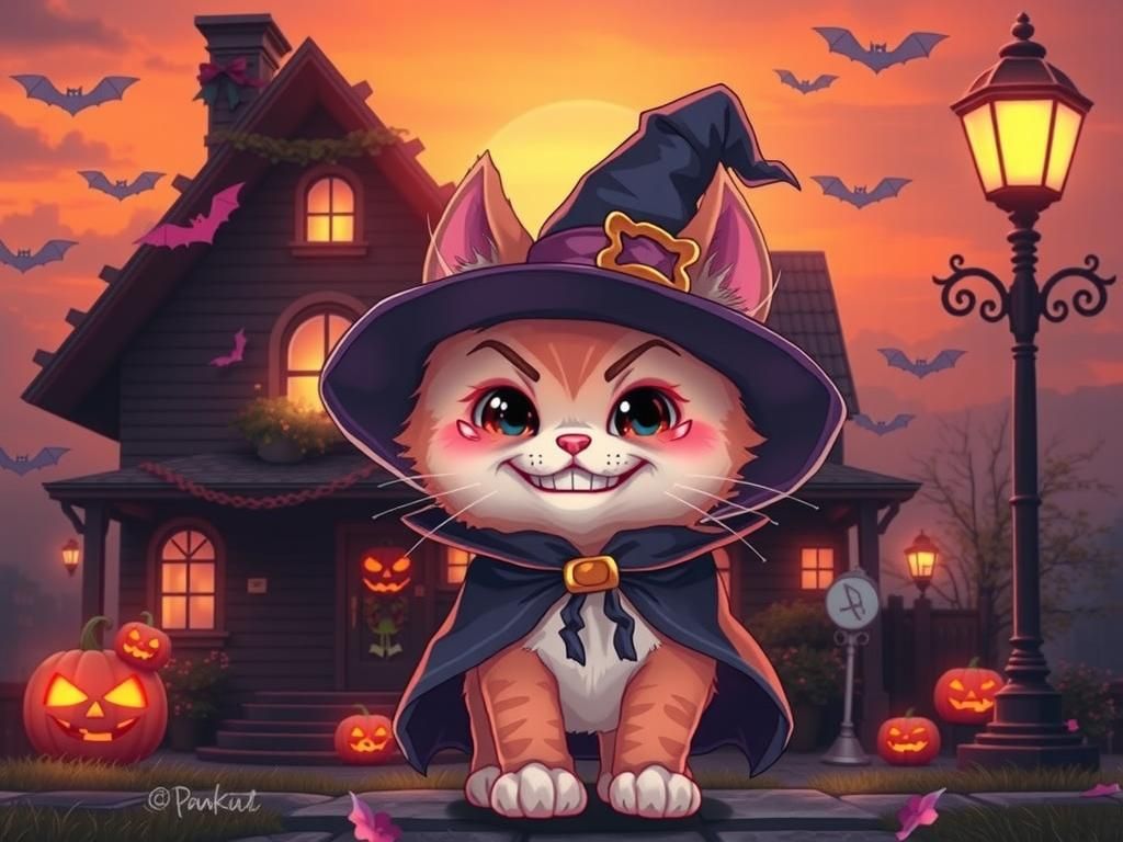Chibi Cat Ready for Halloween in Hyperrealistic Style