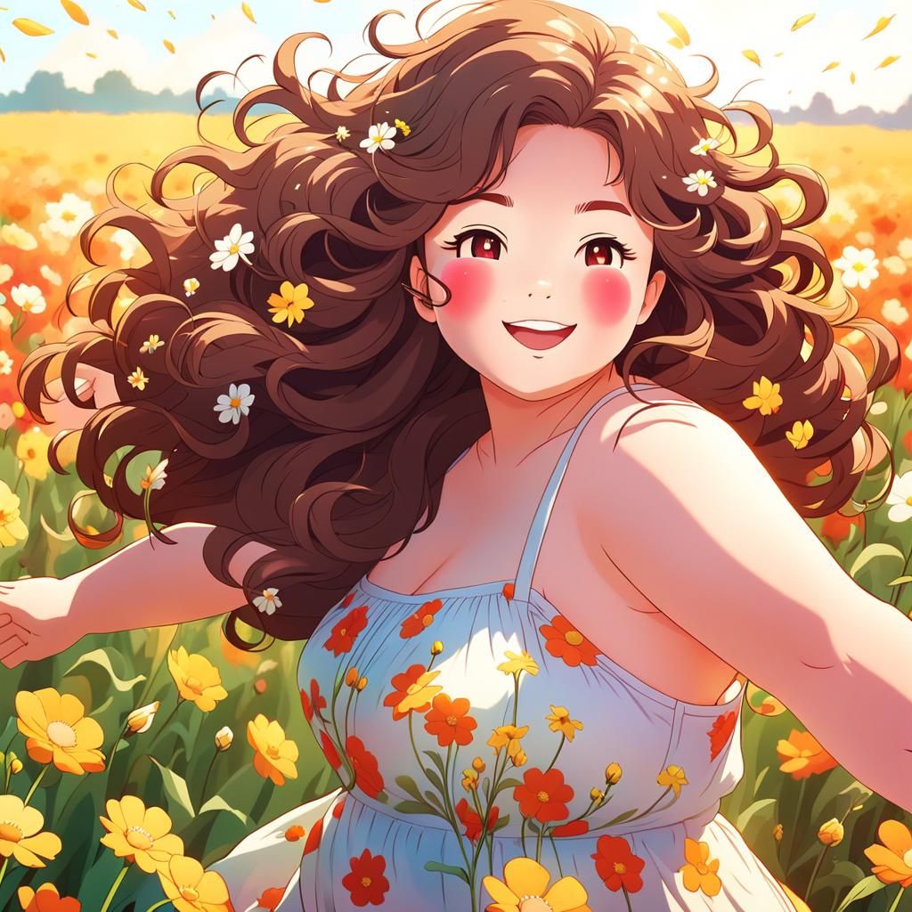 Anime Woman Dancing in Flower Field