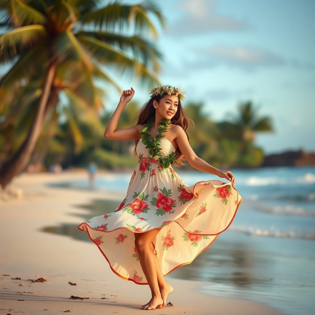 Hawaiian Woman Dancing on Beach with Bokeh