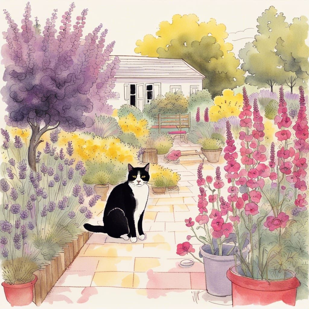 Courtyard Garden with Cat, in Watercolor Style
