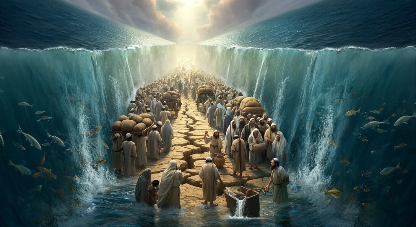 Jewish People Cross the Red Sea in a Miracle Scene