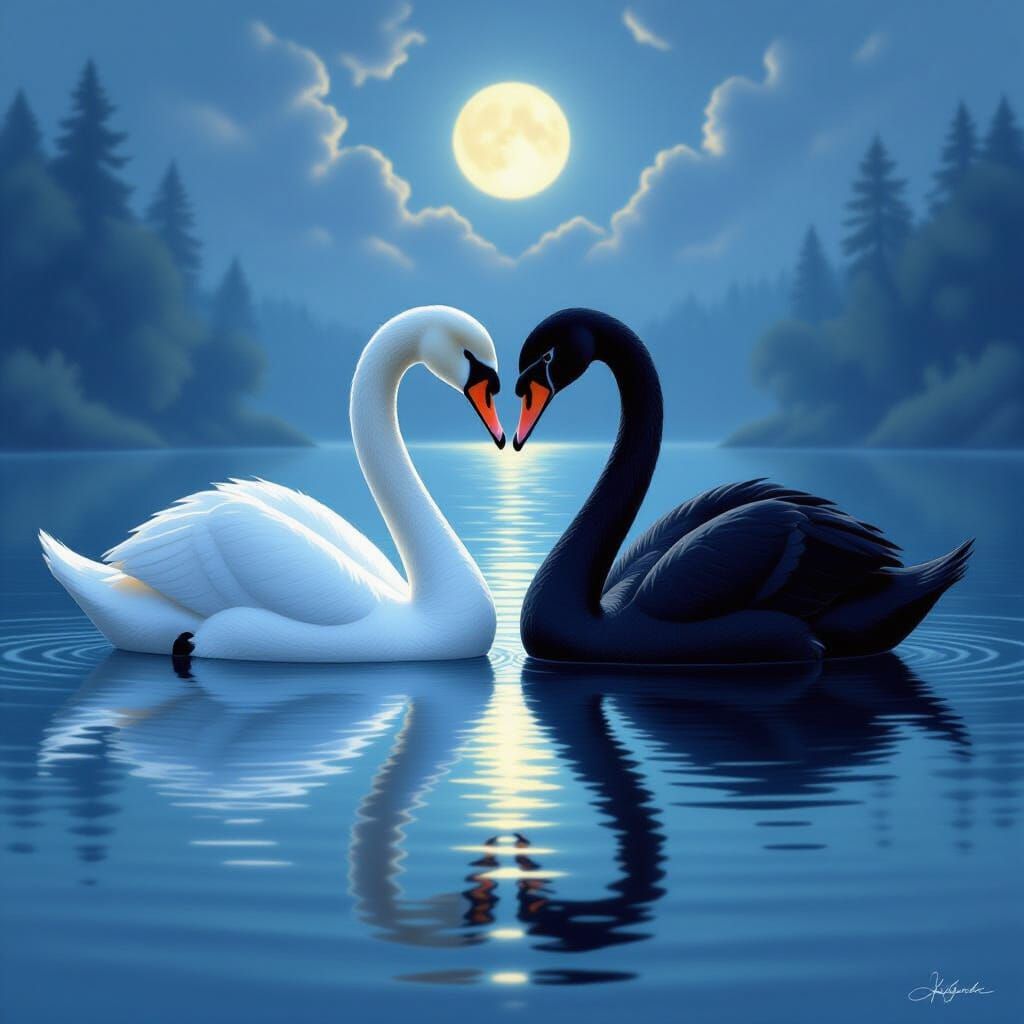 Two Swans Form Heart Shape on Moonlit Lake