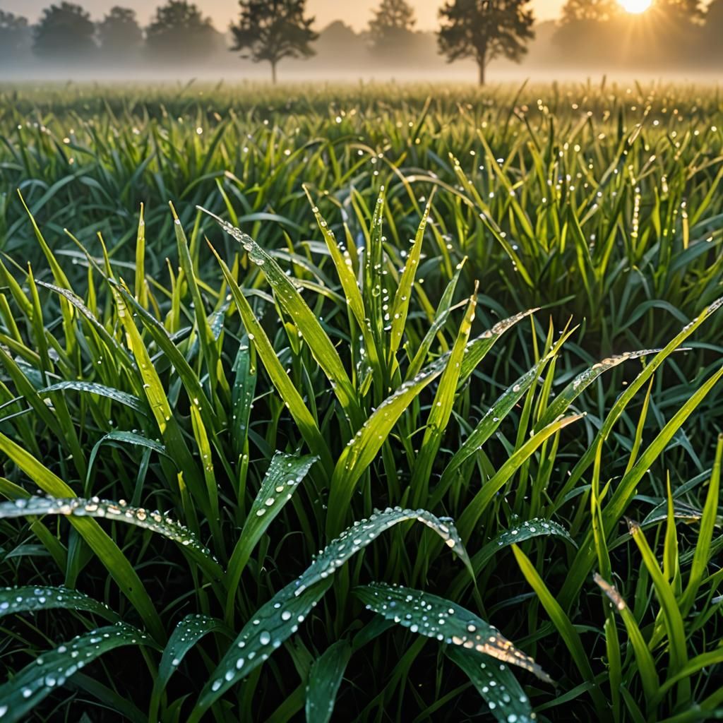 Foggy Sunrise with Dew on Grass