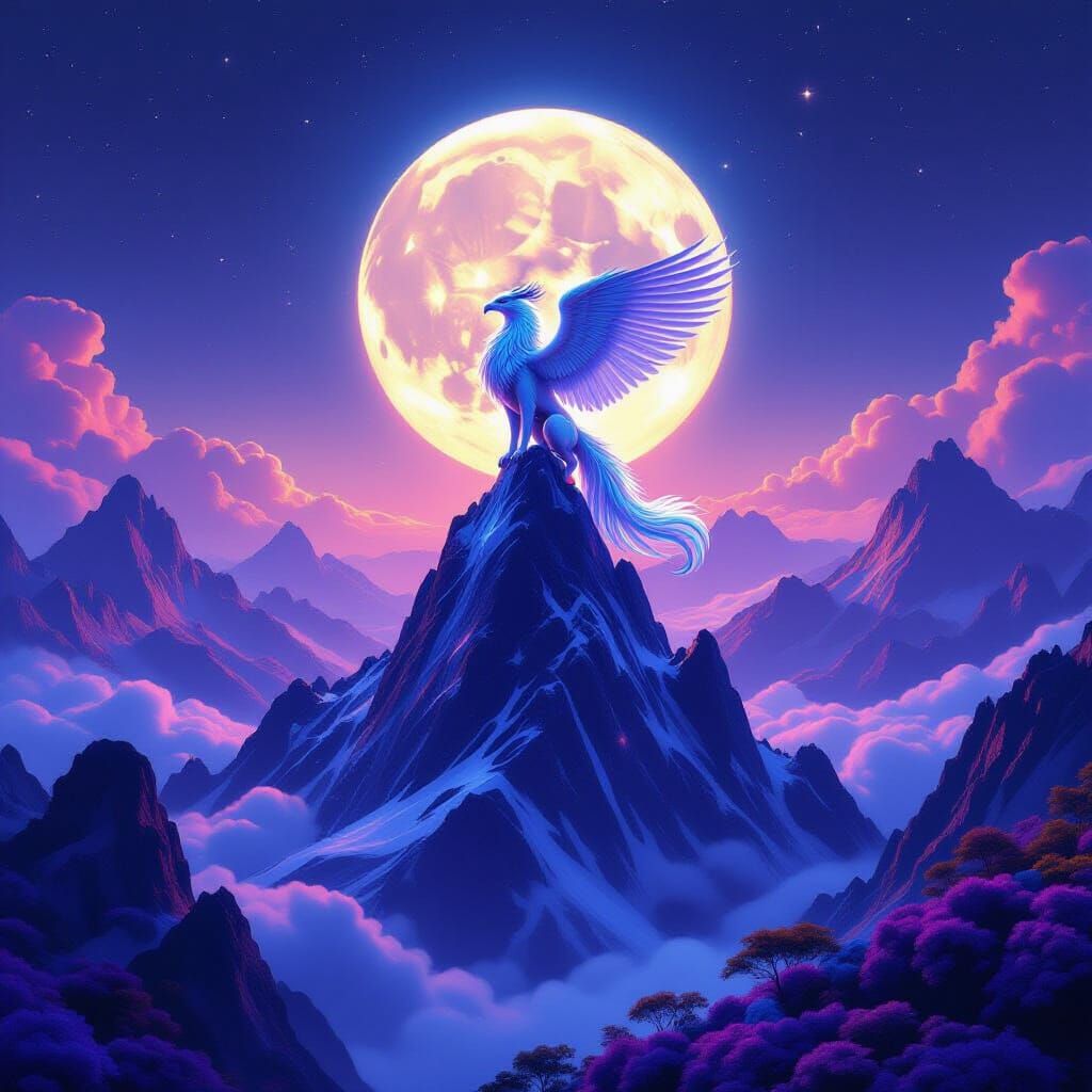 Majestic Gryphon on Crystal Peak Under Twin Moons