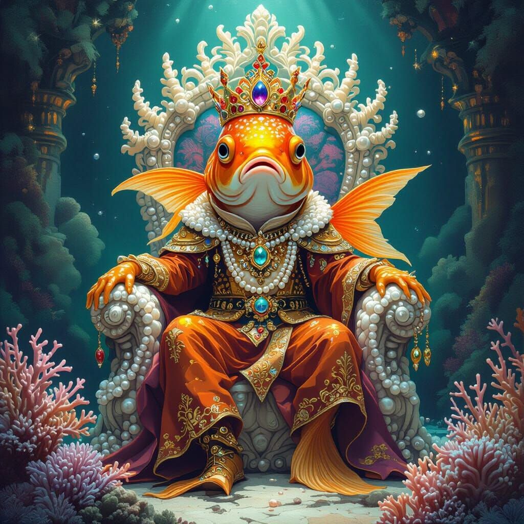 Regal Humanoid Goldfish King on Coral Throne