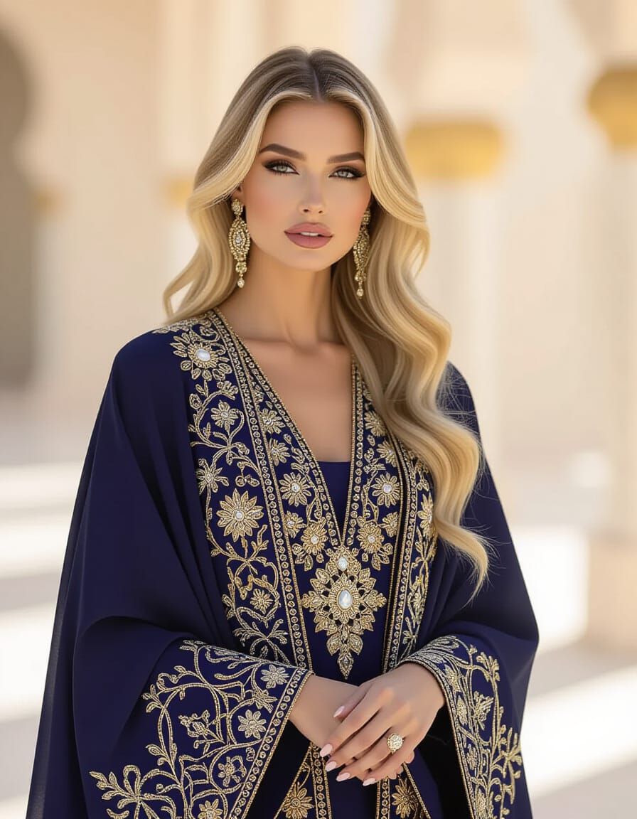 Regal Blonde in Opulent Abaya: High Fashion Portrait