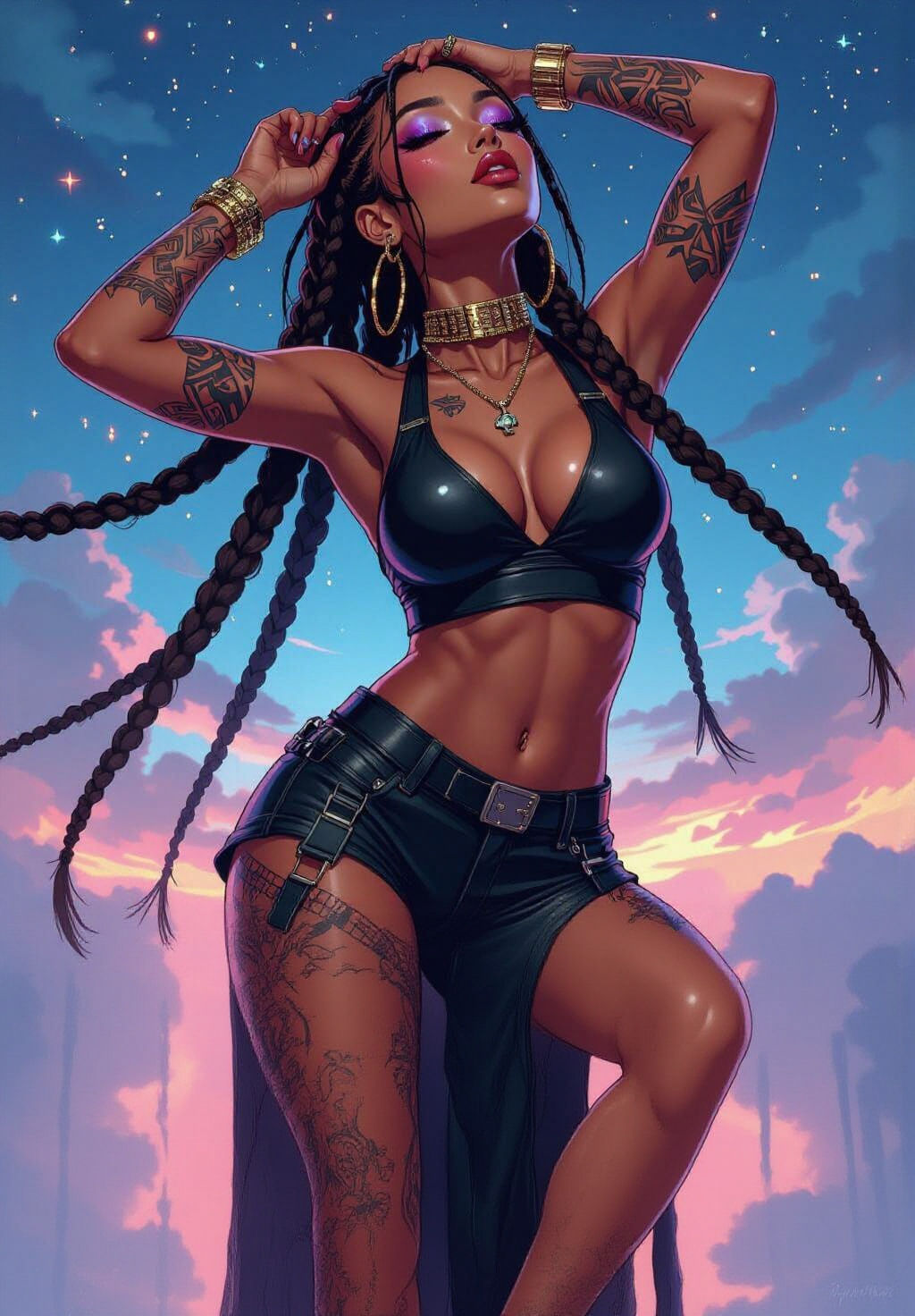 Cyberpunk Goddess Dancing in the Night Sky