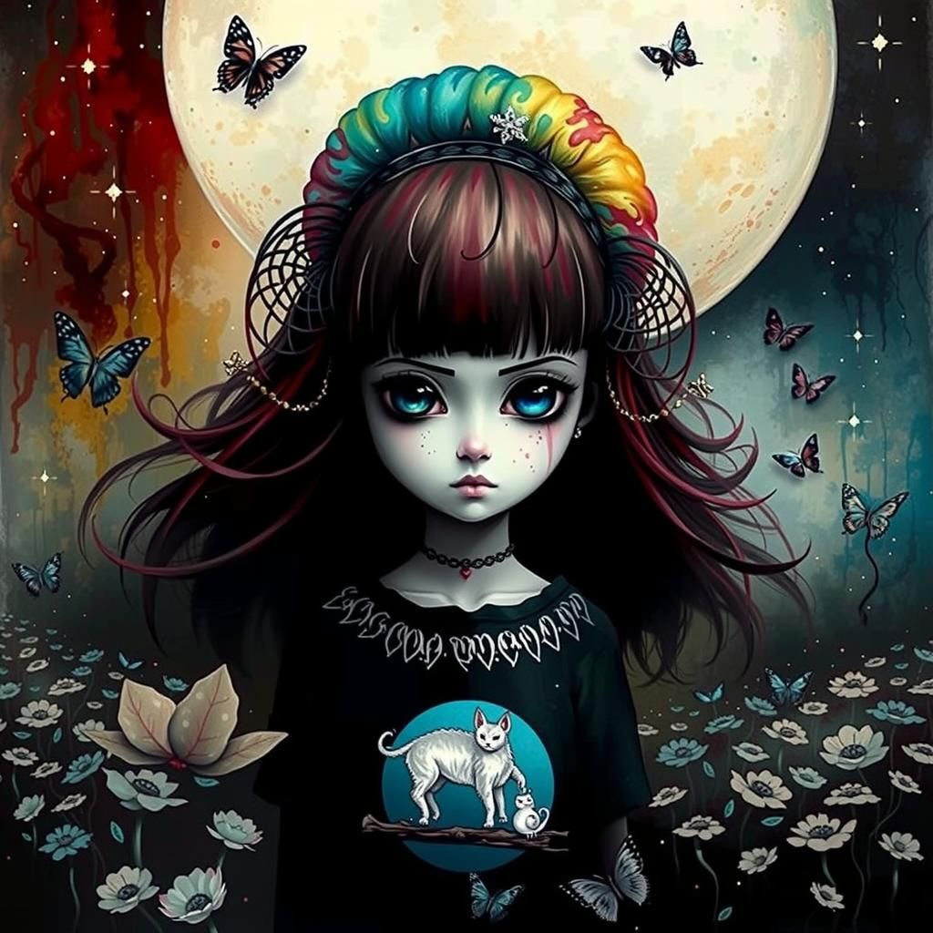 Surreal Kitsune Mural Painting in Alcohol Ink Style