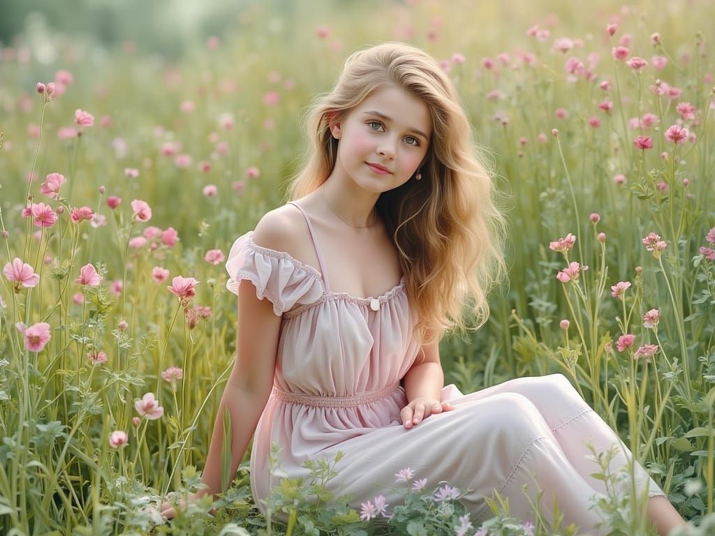 Girl in Flower Meadow Under Twilight Sky