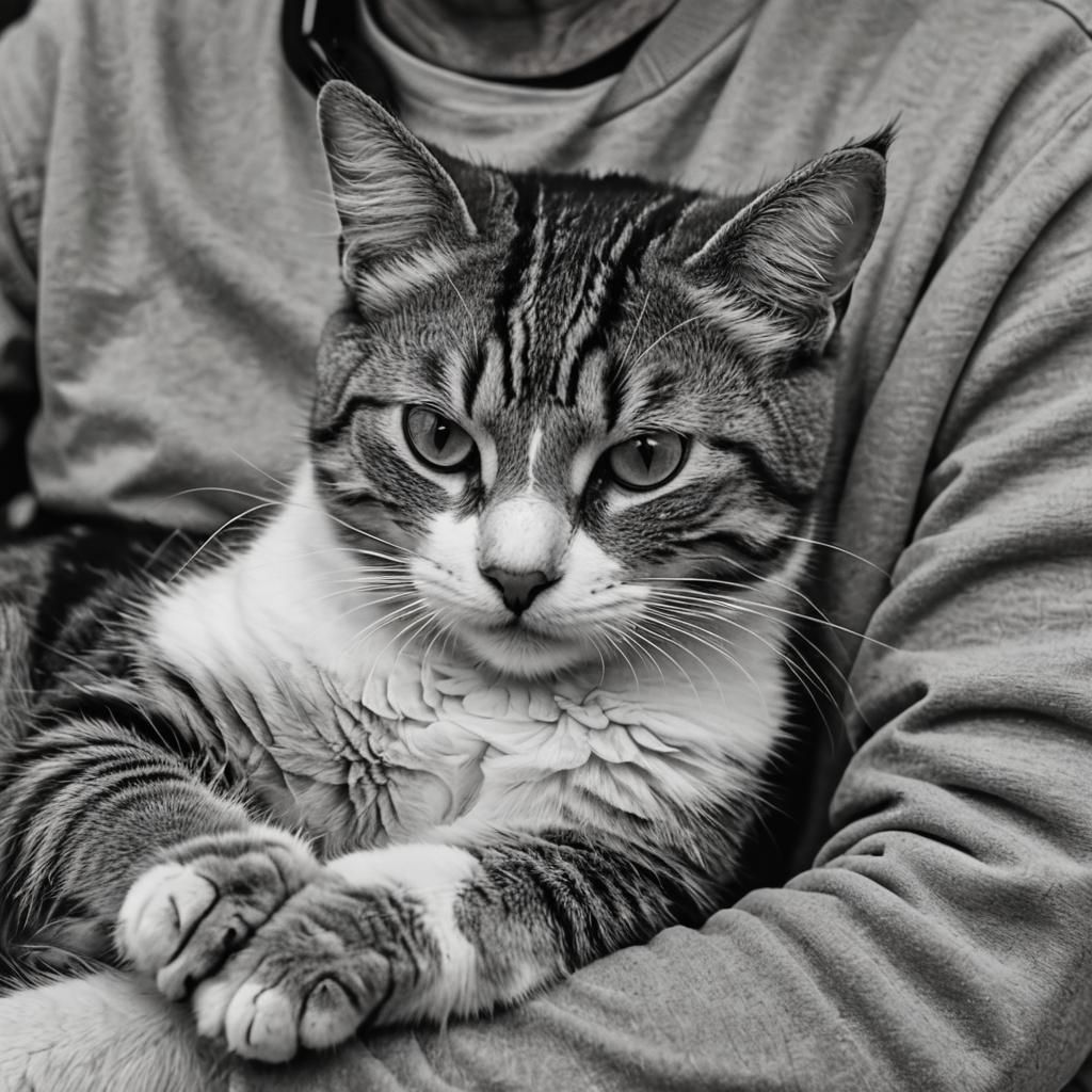 Cat Purring Peacefully on Lap: Black and White