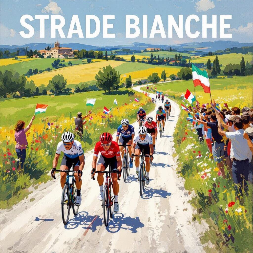 Strade Bianche: A Cycling Race in Italian Art Style
