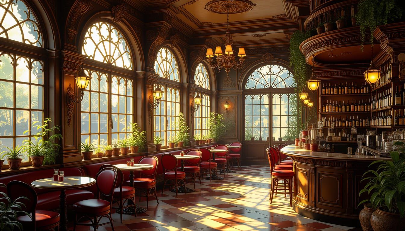 Enchanted Cafe With Whimsical Oil Painting Style