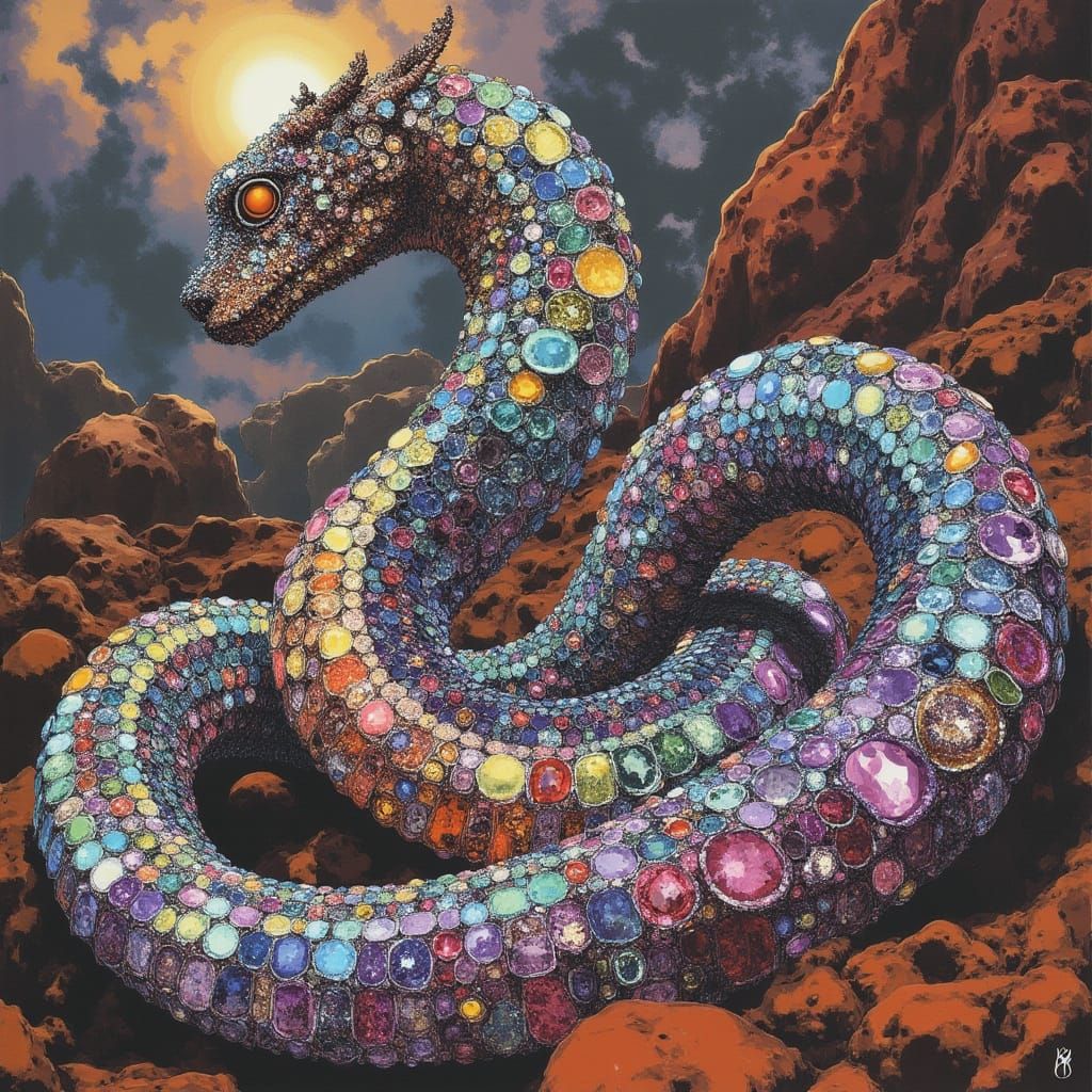 Serpent of Iridescent Gemstones in Art Nouveau Style