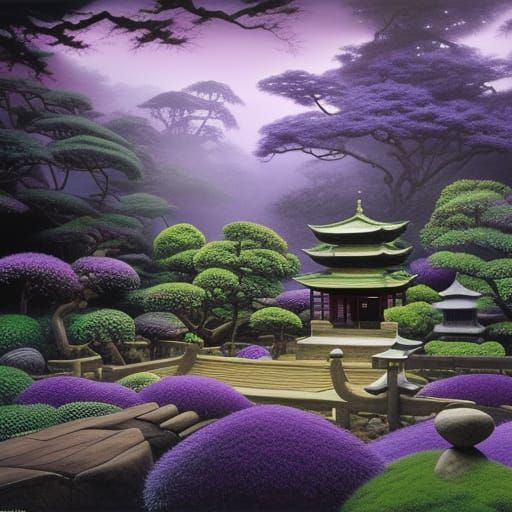 Purple Zen Garden in Digital Matte Painting Style