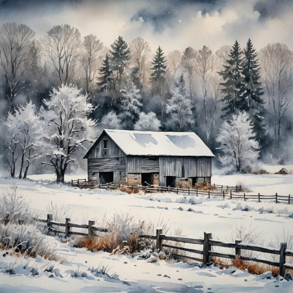 Winter Barn in Watercolor Landscape
