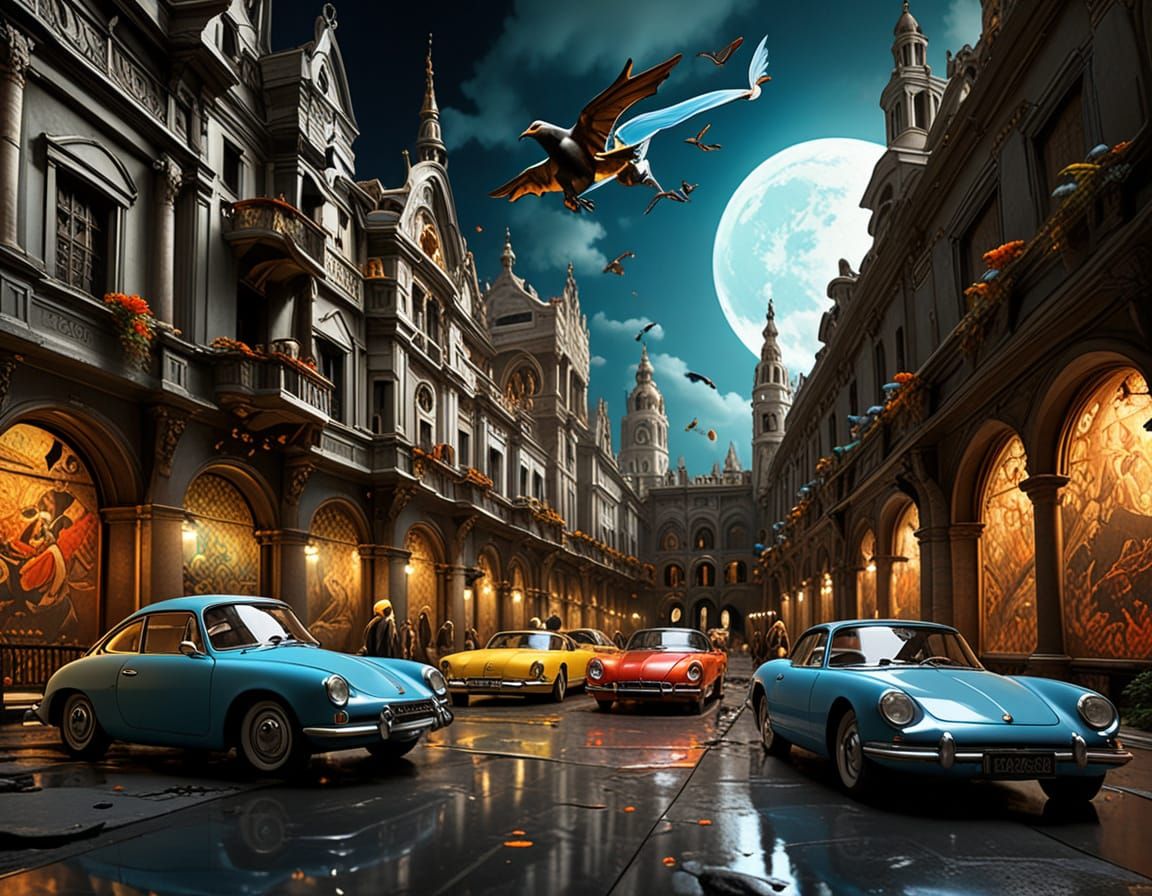 Fantastical Cars and Creatures in Surrealist Style