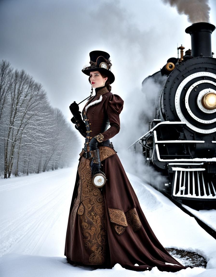 Steampunk Woman in Snowscape with Train Engine