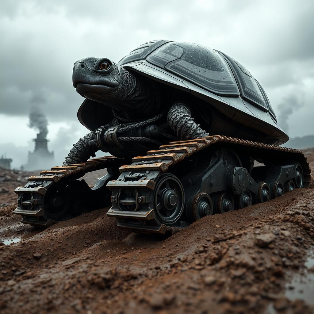 Futuristic Metal War Turtle in Dystopian Landscape