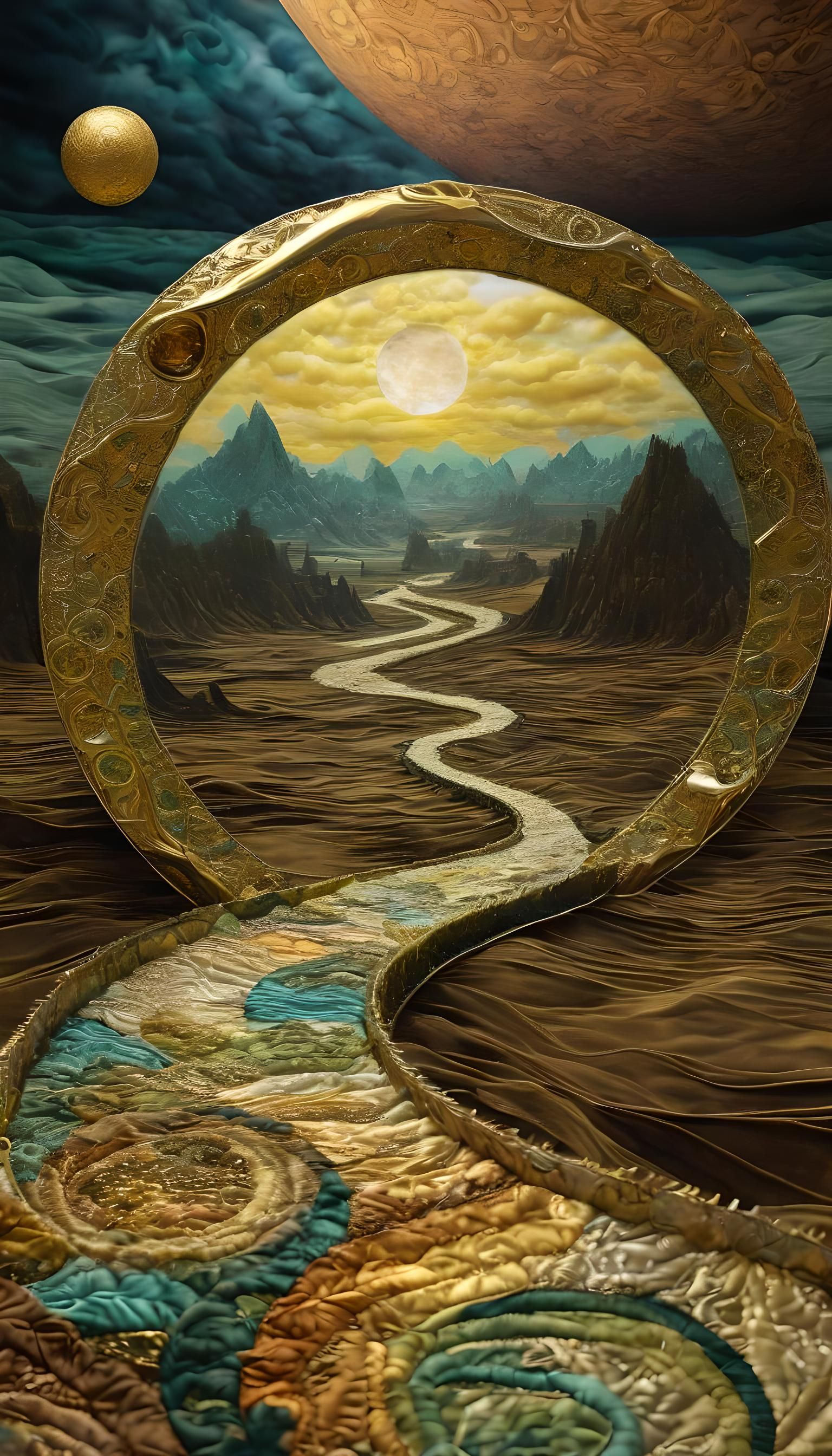 Surreal Terraformed Landscape with Gold Leaf Highlights