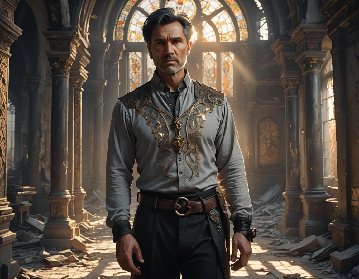 Victorian Man in Ruined Palace, Dark Fantasy Art