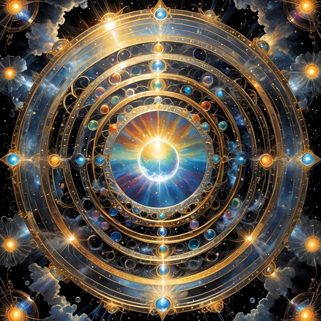 Opalescent Sky Portal with Glowing Tesseract