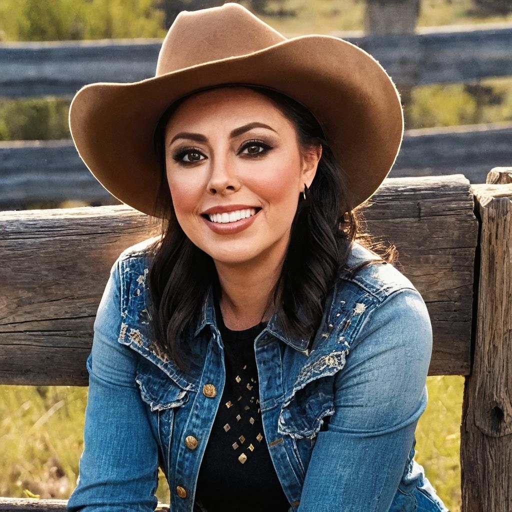 Cowgirl in Denim Leans on Rail Fence as Oil Painting